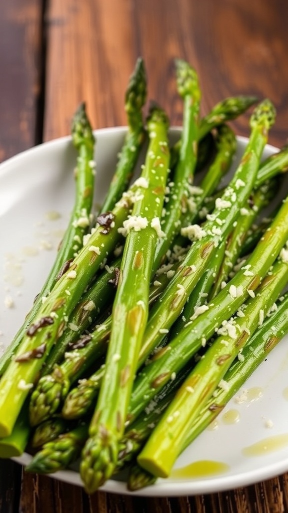 Crispy air fryer asparagus garnished with Parmesan cheese on a rustic wooden table.